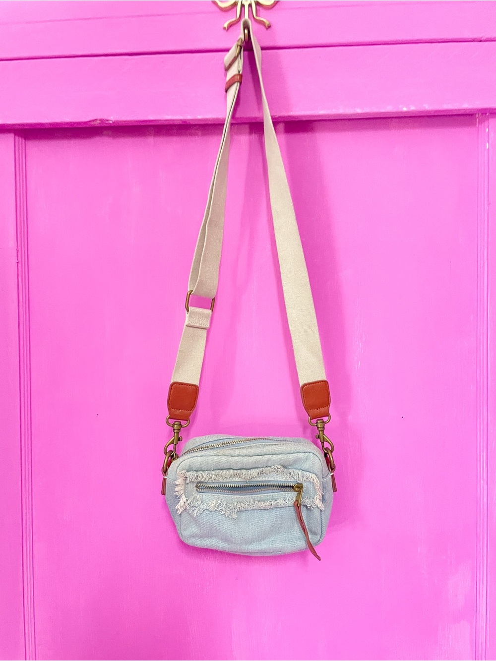 Target Light Blue Denim Crossbody with Cream Strap and Brown Leather Accents - Picture 3 of 4
